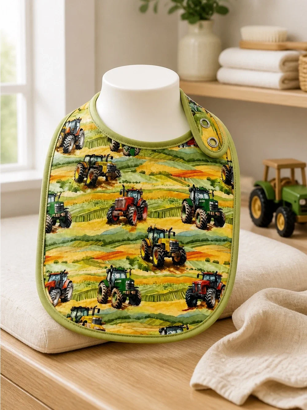 NWT BAMBOO Baby BIB with Snap Closure Tractor Design